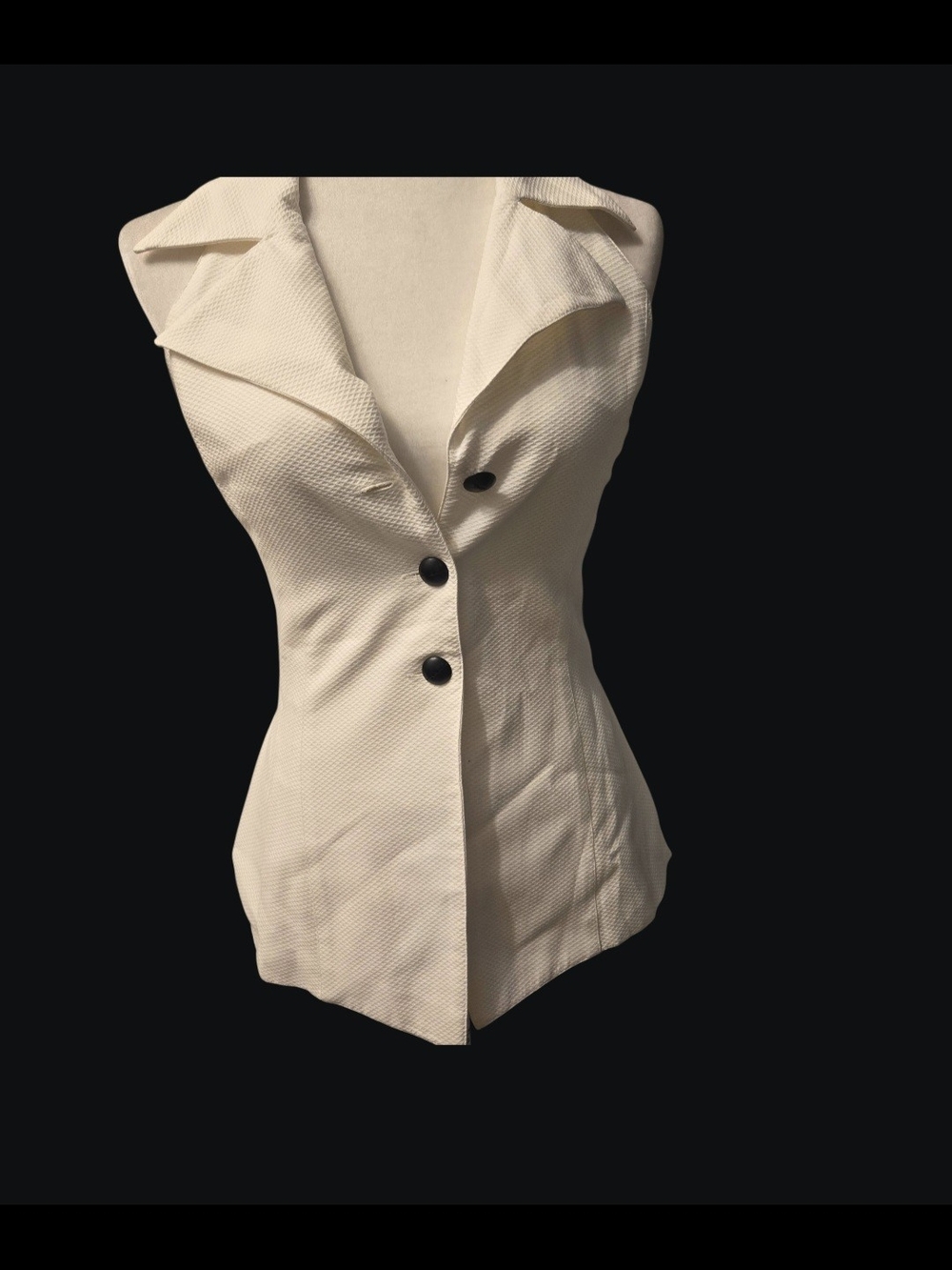 Sleeveless Cream Textured Blazer Vest with Black Buttons
